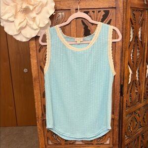 POL Light Blue Tank Top with Cream Lace Trim
